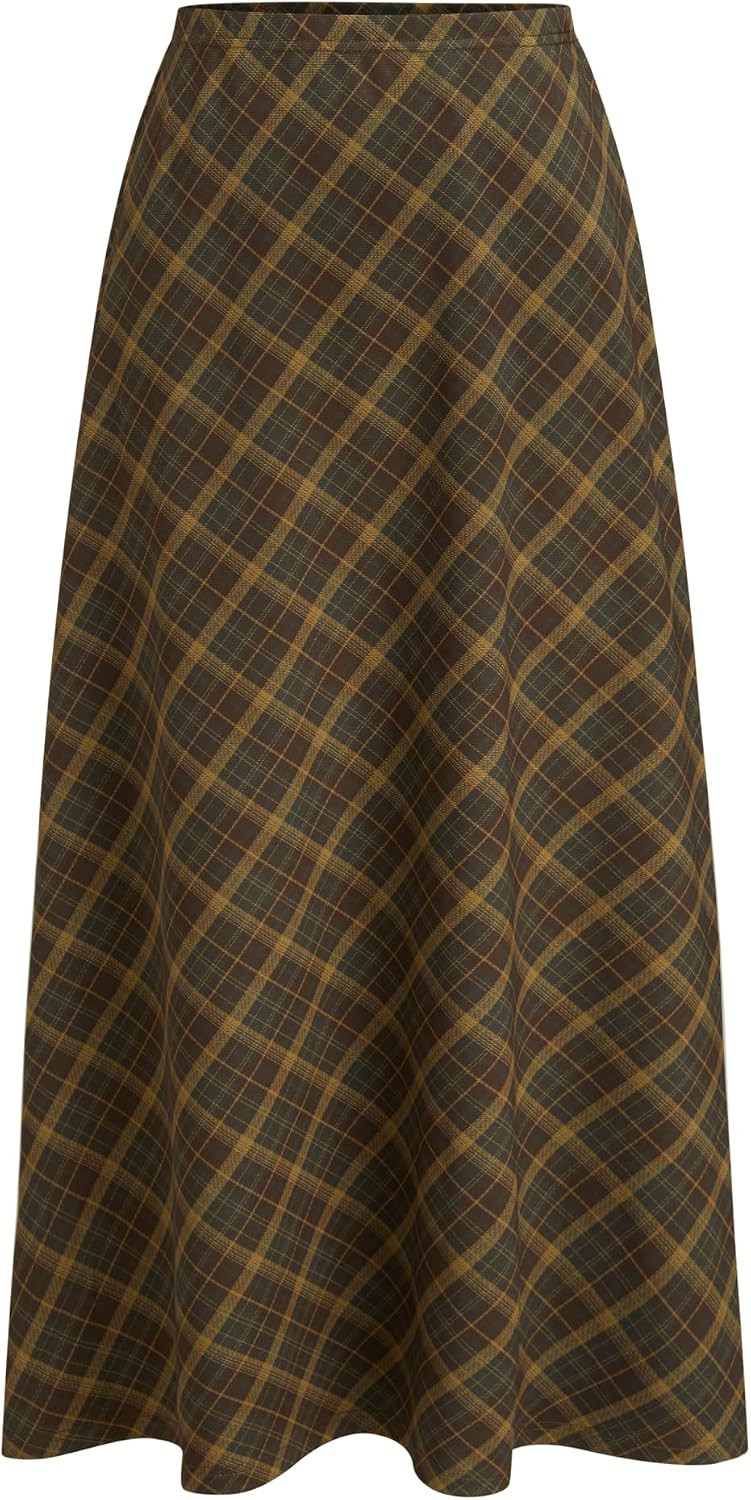 CIDER Womens Plaid Maxi Skirt A Line Pleated Gingham | Amazon (US)