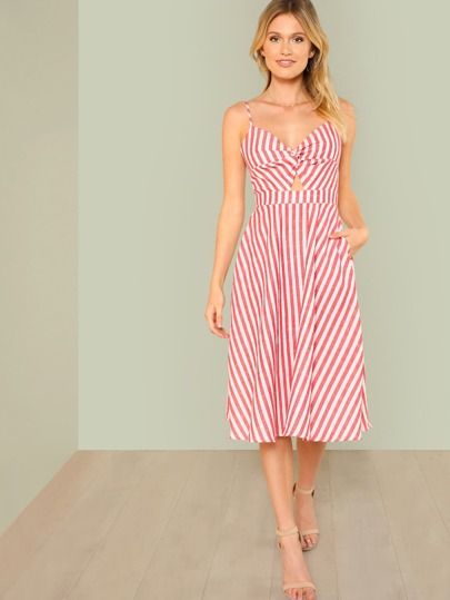 SHEIN Twist Peekaboo Knot Back Striped Cami Dress | SHEIN