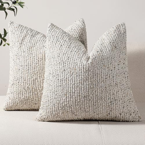 DEZENE Striped Throw Pillow Covers 18x18 Set of 2 Cream Grey Textured Boucle Chic Morden Boho Accent Farmhouse Square Decorative Couch Pillow Covers for Home Decor Bed Sofa Living Room | Amazon (US)