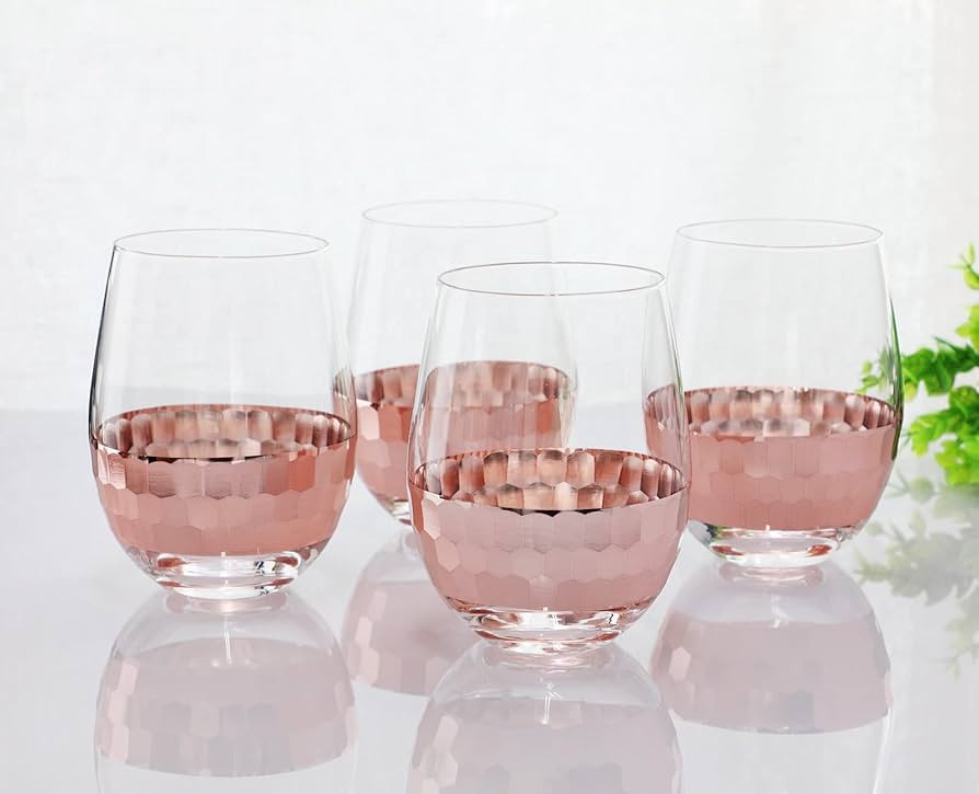 QuinnRose Stemless Rose Gold Wine Glasses Honeycomb Design 18oz 4Pcs/Set, Pink Wine Glass,Rose Tu... | Amazon (US)