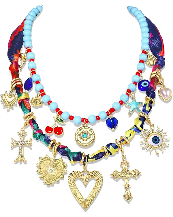 Amazon.com: ARATLENCH Scarf Necklace with Charm Western Country Heart Cross Evil Eye Charm Bandan... | Amazon (US)