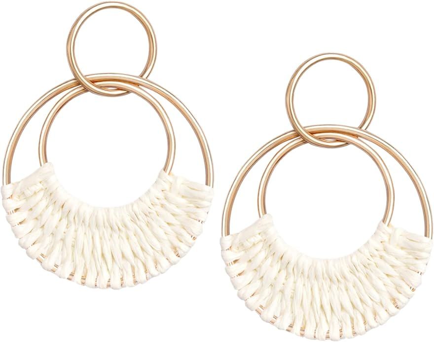 Raffia Hoop Earrings for Women Girls Fun Boho Summer Beach Earrings Lightweight Handmade Straw Wi... | Amazon (US)