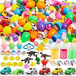 JOYIN 100 Pcs Prefilled Easter Eggs with Toys Plus Stickers, Filled Easter Eggs with Toys Party F... | Amazon (US)