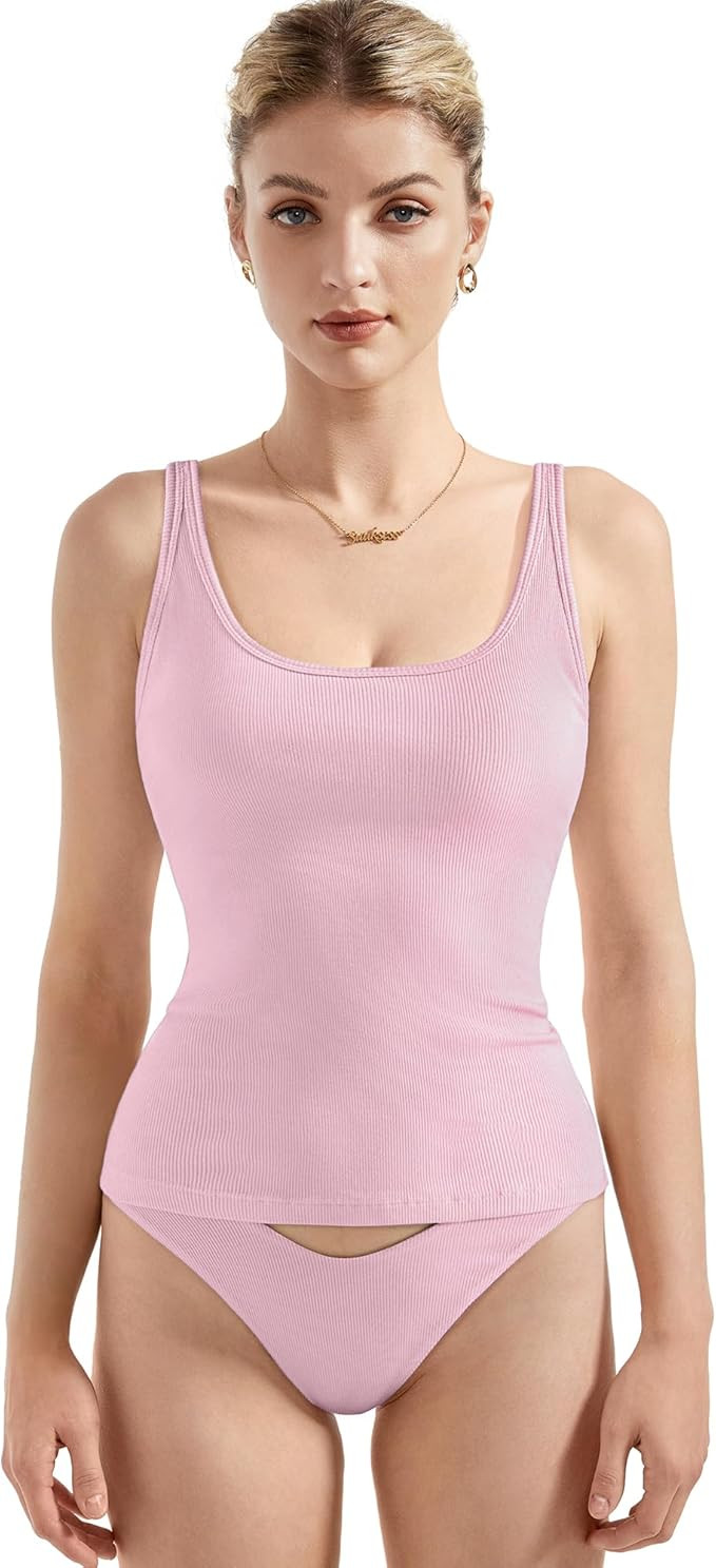 SUUKSESS Women Padded Cotton Ribbed Long Tank Tops 2025 Summer Going Out Basic Scoop Neck Cami To... | Amazon (US)
