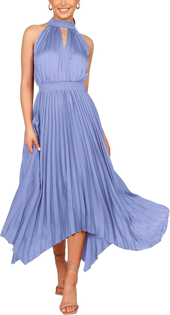 PRETTYGARDEN Summer Dress for Women Elegant Halter Neck Cut Out Irregular Hem Pleated Midi A-Line Fl | Amazon (US)