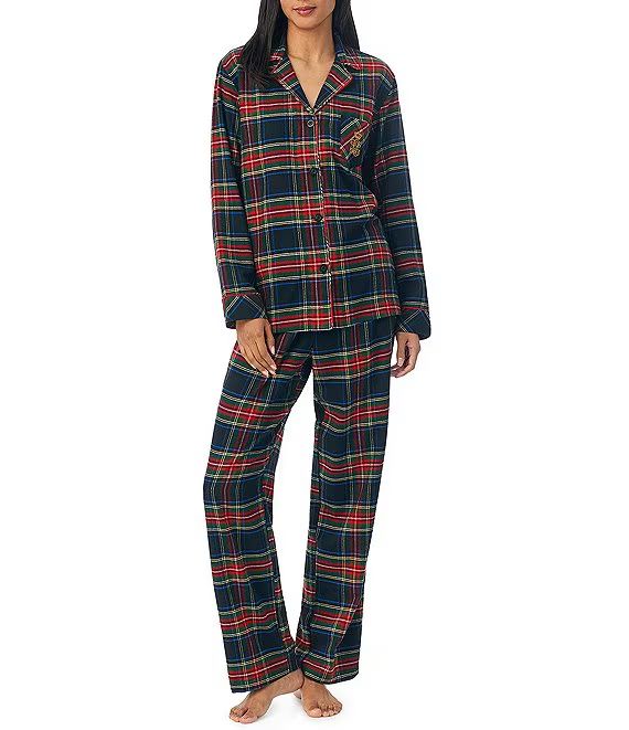 Lauren Ralph Lauren Long Sleeve Notch Collar Long Pants Brushed Twill Plaid Pajama Set | Dillard'... | Dillard's