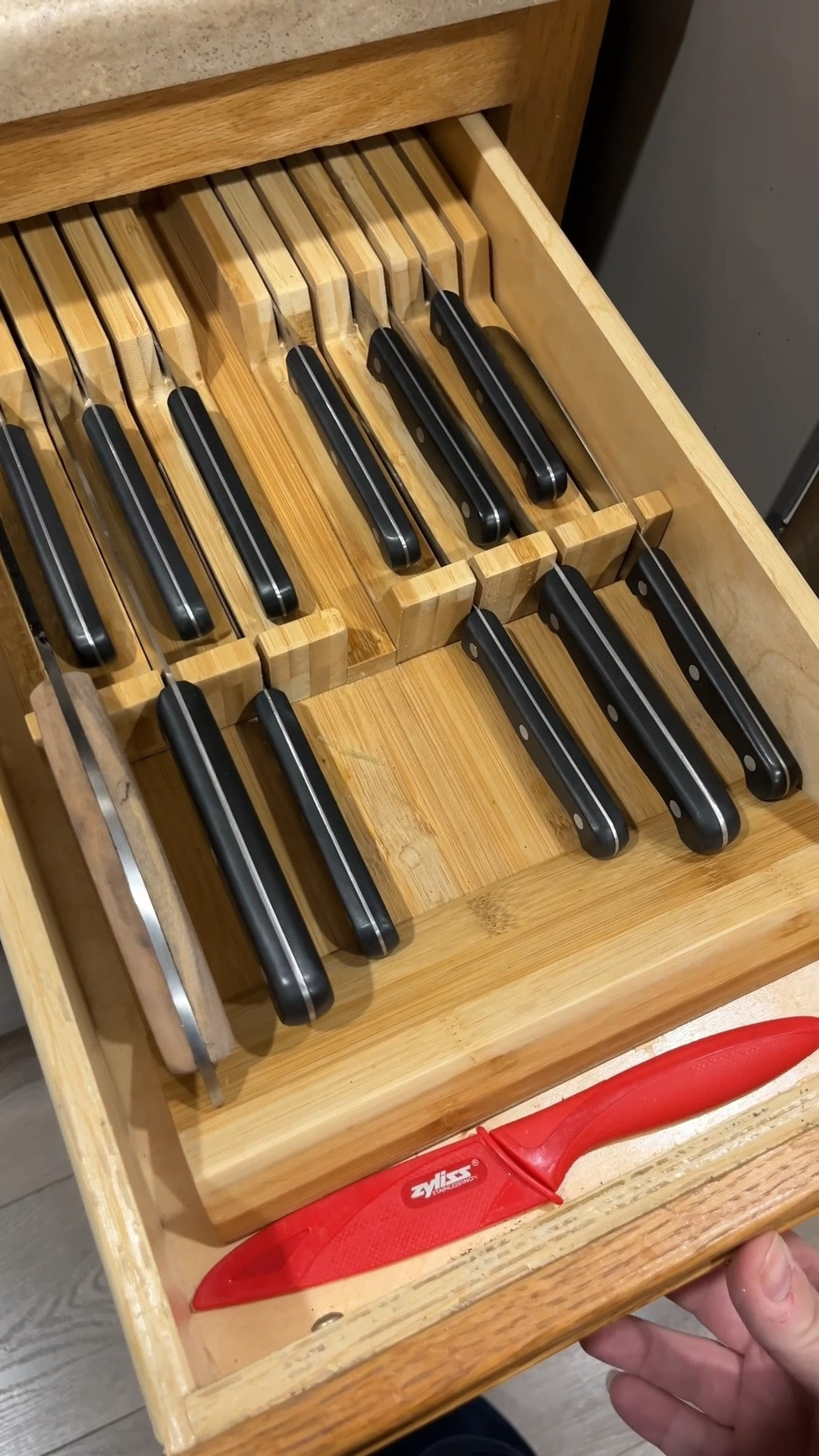 This kitchen drawer organizer creates an in-drawer knife organizer! Great way to get that huge knife block off of your counter and store your knives safely  

#LTKFindsUnder50 #LTKHome #LTKSaleAlert