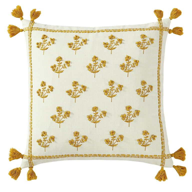 Better Homes & Gardens, Yellow Block Print Floral Throw Pillow, Yellow, 20"x20", Square, 1 Piece | Walmart (US)