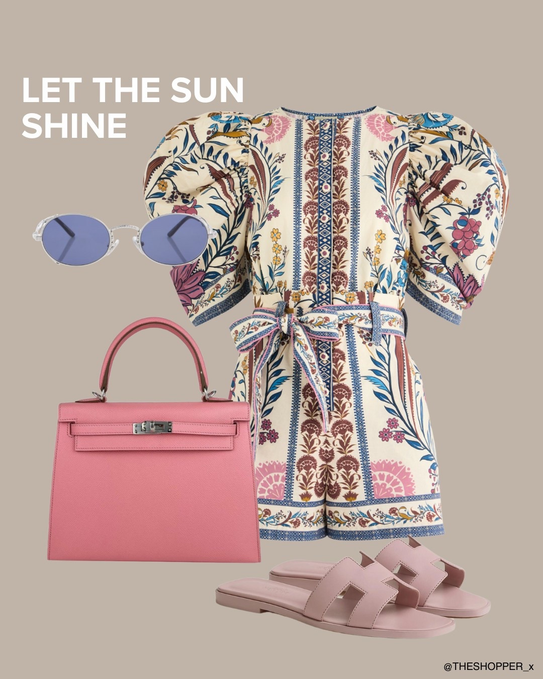 Floral vintage design puff shoulder mini dress playsuit, sunglasses with silver metal rim, pink kelly handbag leather, leather slides

#LTKsummer #LTKluxury #LTKspring