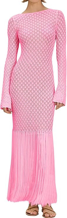 Fisoew Women's Swimsuit Crochet Cover Ups Summer Long Sleeve Tie Back Fringe Hem Beach Vacation C... | Amazon (US)