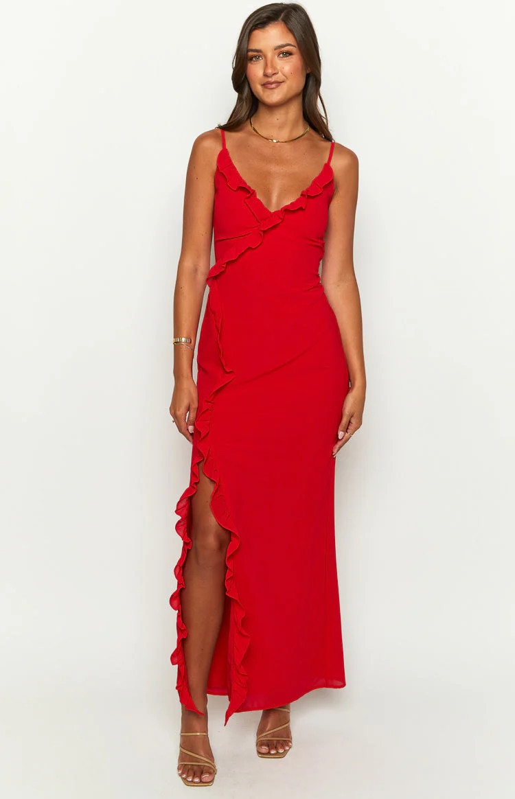 Nahanee Red Ruffle Maxi Dress | Beginning Boutique | Beginning Boutique (US)