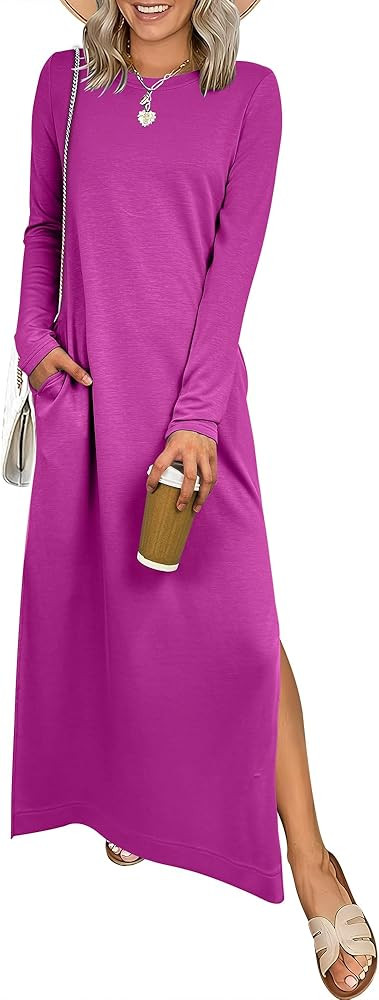 ANRABESS Women Long Sleeve Dresses 2025 Fall Casual Crewneck Loose Fit Split Flowy Wrinkle-Free T... | Amazon (US)