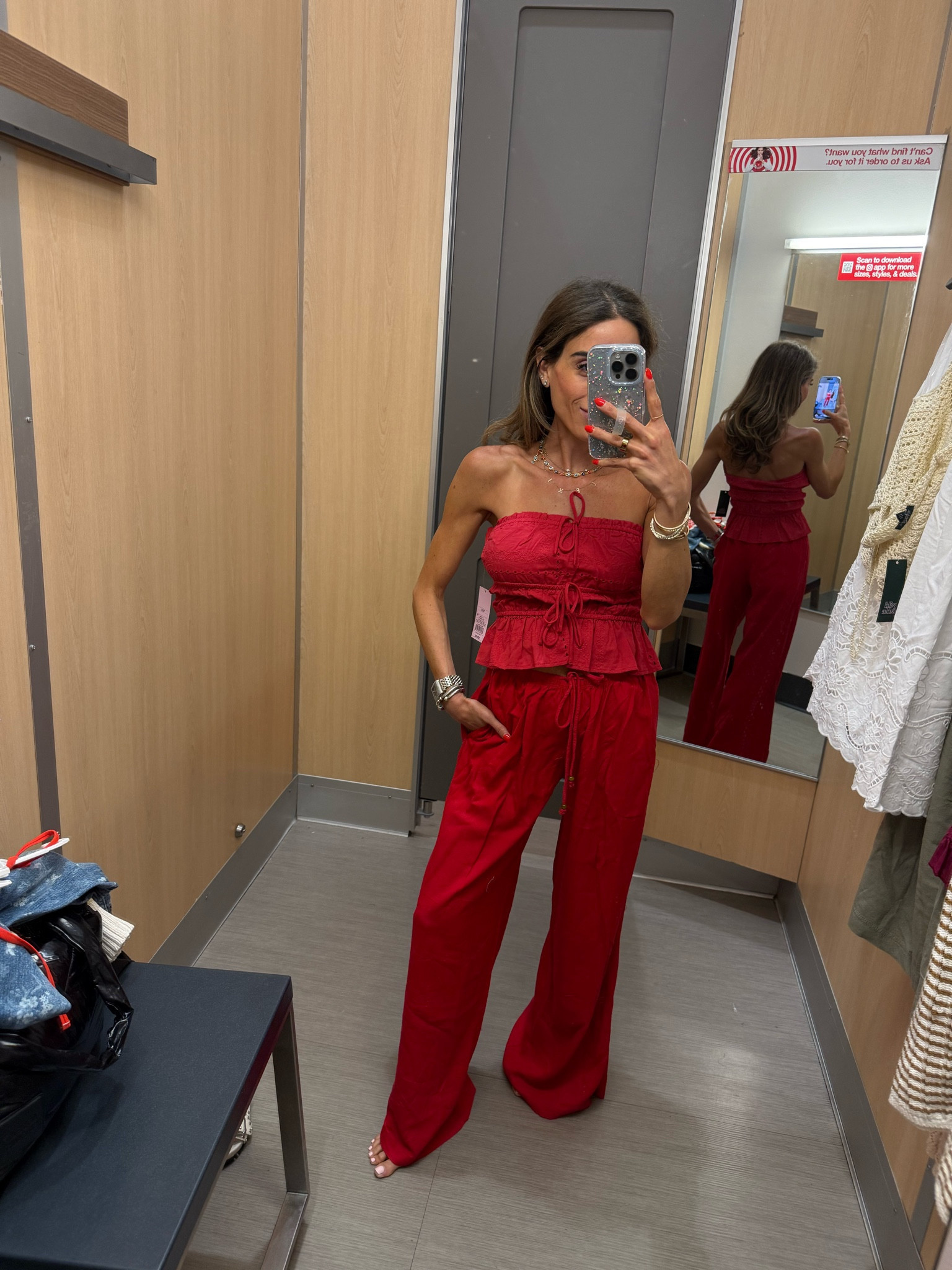 This adorable red strapless top
With matching red linen pants that actually fit petites wearing xxs

#LTKPetite #LTKootd