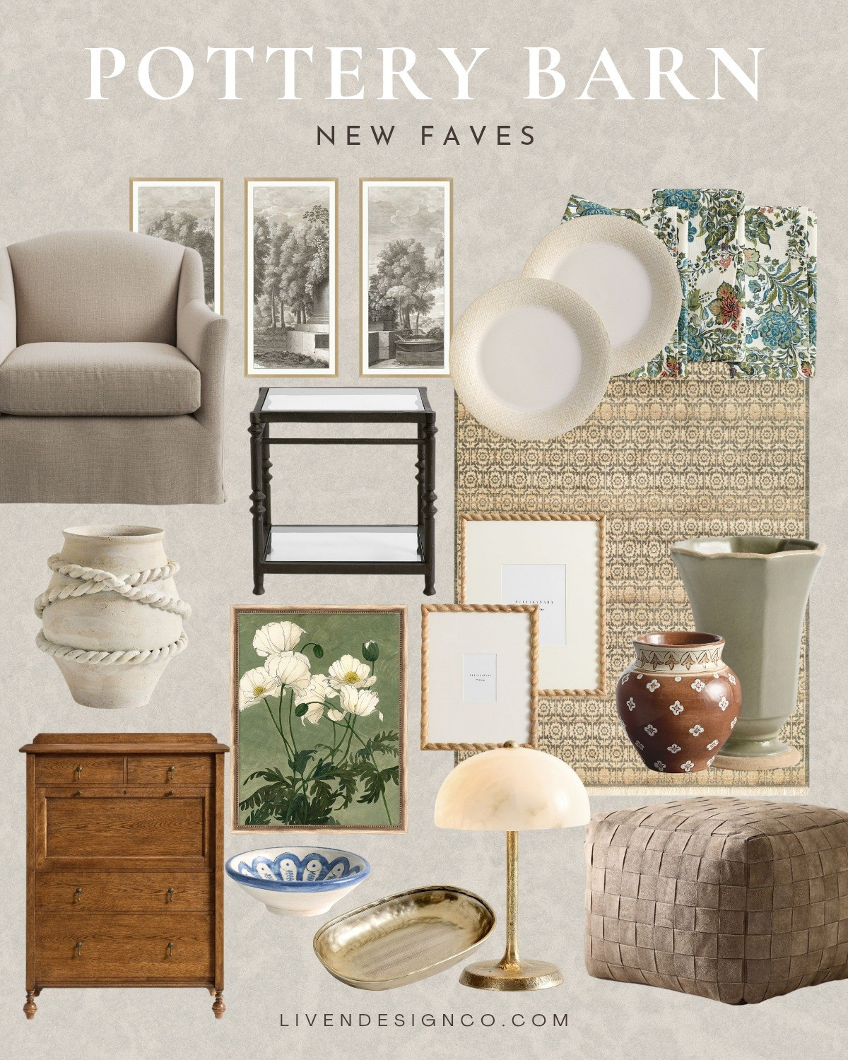 Pottery Barn new arrivals. Home decor. Slipcovered accent chair. Living room. Ceramic vase. Floral wallpaper art. Botanical art print. Rope vase. Secretary desk. Dome lamp. Alabaster lamp. Picture frame. Neutral handwoven rug. Glass side table. Accent table. End table. Woven leather ottoman 

#LTKSeasonal #LTKHome #LTKFindsUnder100