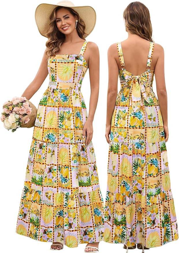 HTZMO Womens Summer Wedding Guest Floral Maxi Sundress Square Neck Back Bow Tie Flowy Boho Beach ... | Amazon (US)