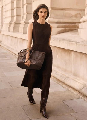 Brown Suede Sleeveless Midi Dress | Mint Velvet