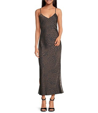 Gianni Bini Haven Satin Leopard Print V-Neck Sleeveless Full Length Slip Dress | Dillard's | Dillard's