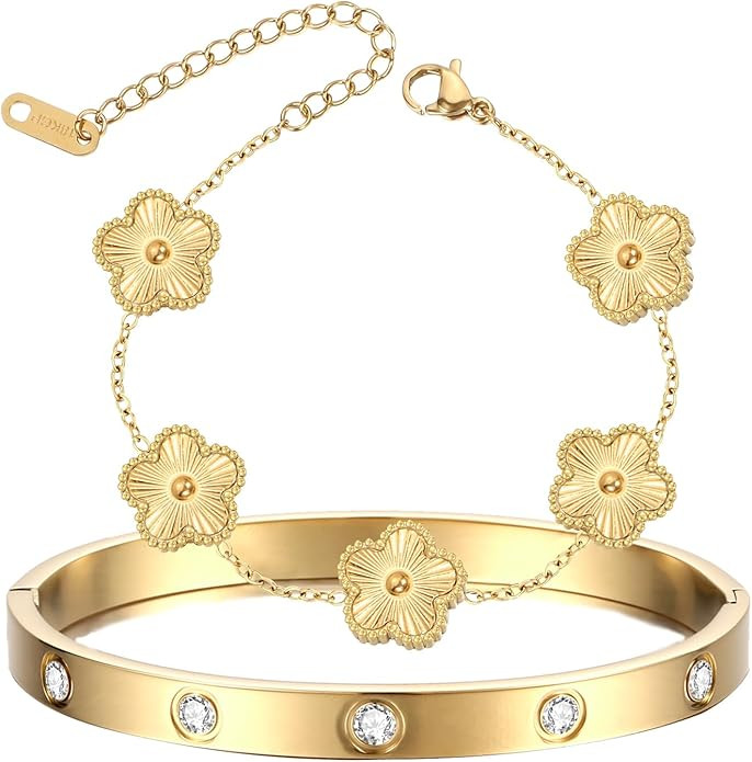 2Pcs 18K Gold Plated Clover Bracelet Gold Stack Bracelets for Women Lucky Flower Clover Bracelets... | Amazon (US)