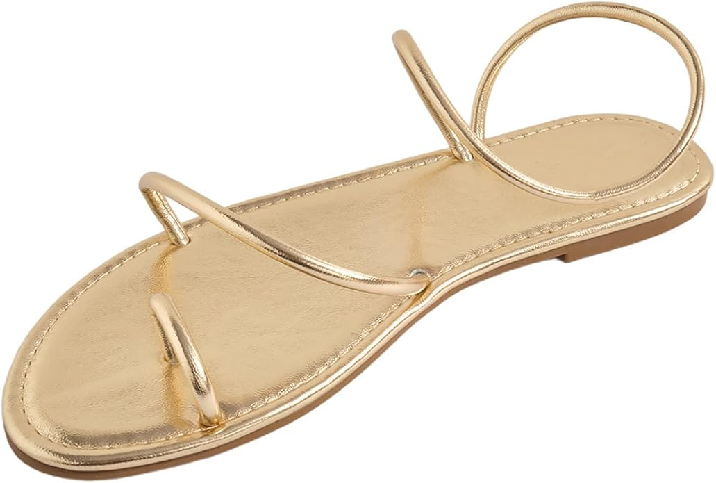 GORGLITTER Women's Metallic Strappy Thong Flat Sandals Open Toe Dressy Slide Sandal | Amazon (US)