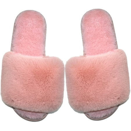 Millffy Women Fluffy Ladies Slippers Faux Wool Fuzzy Slippers chic luxurious Open Toed Soft Fur Slippers (9-10 US Pink) | Walmart (US)