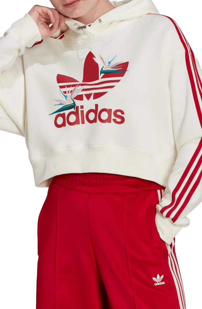adidas Originals x Thebe Magugu Embroidered 3-Stripes Crop Cotton Graphic Logo Hoodie | Nordstrom | Nordstrom
