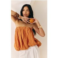 Apricot Matte Satin Plisse Puffball Bandeau, Apricot | PrettyLittleThing UK