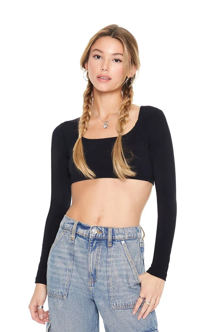 Women's Long-Sleeve Crop Top in Black, XL | Forever 21