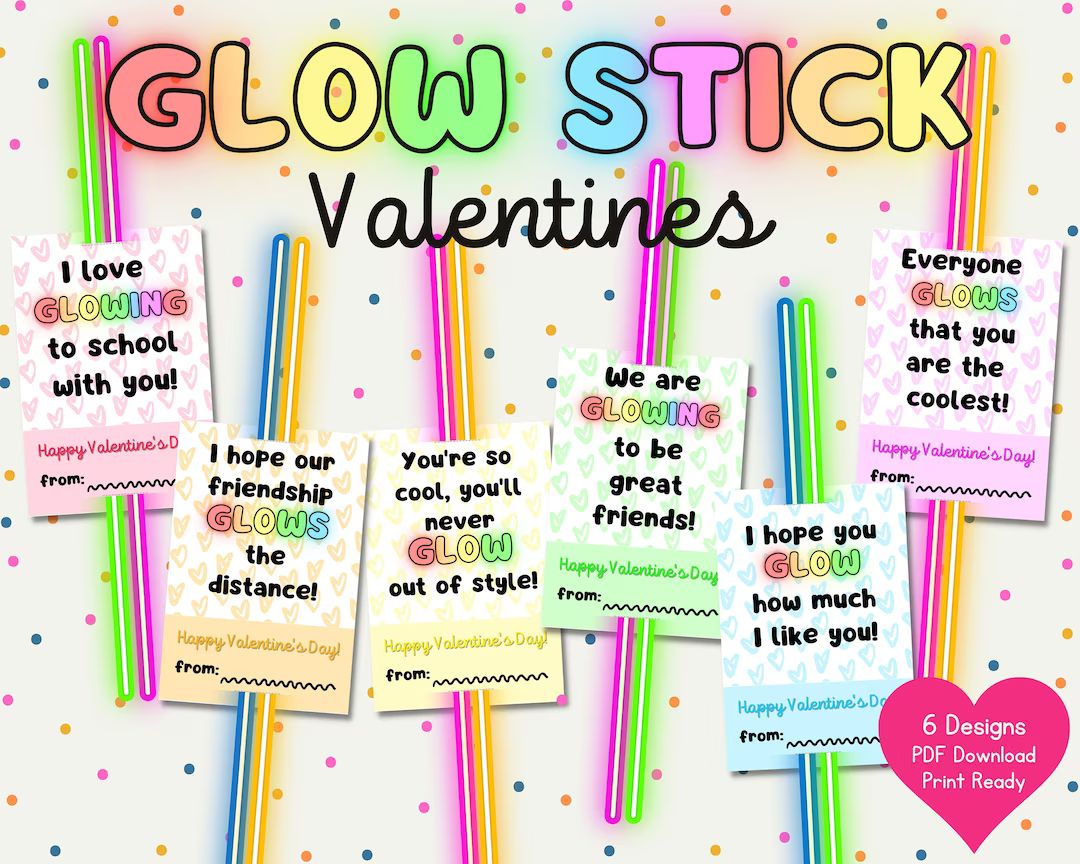 Glow Stick Valentines, Printable PDF Valentine Cards, US Letter 8.5x11, 6 Rainbow Designs, Non-ca... | Etsy (US)