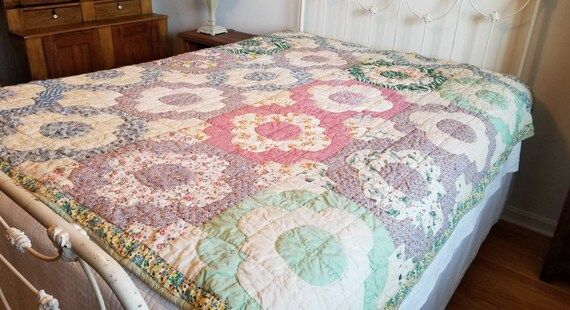 Primitive Flower Quilt, Handmade Quilted Blanket, Vintage Flour & Sugar Sack Prints | Etsy (US)