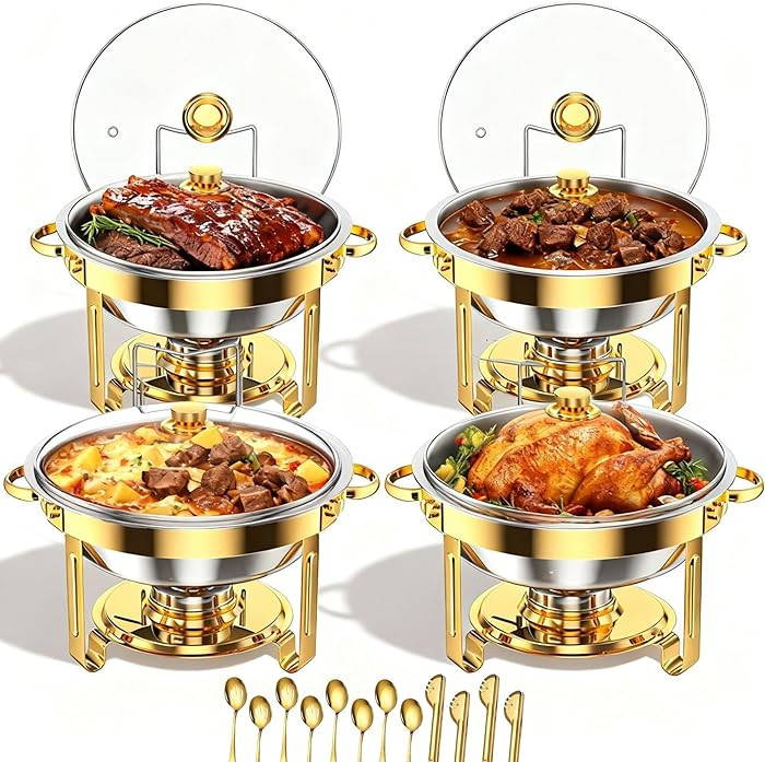 Gold Buffet Chafing Dishes Set of 4, 5 QT Round Stainless Steel Food Warmer with Lids and Fuel Ho... | Amazon (US)