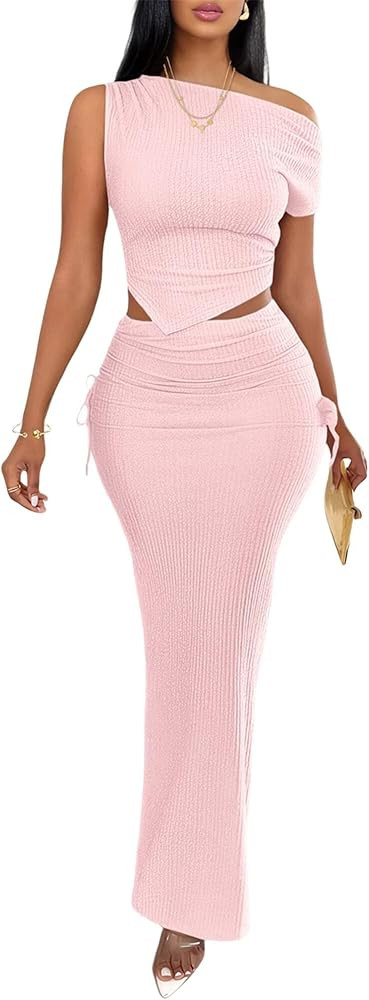 Adogirl 2 Piece Skirt Sets for Women Summer One Shoulder Asymmetrical Crop Top Drawstring Side Bo... | Amazon (US)