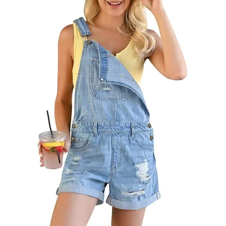 Women s Ripped Denim Shortalls Adjustable Straps Bib Overall Jean Shorts | Walmart (US)