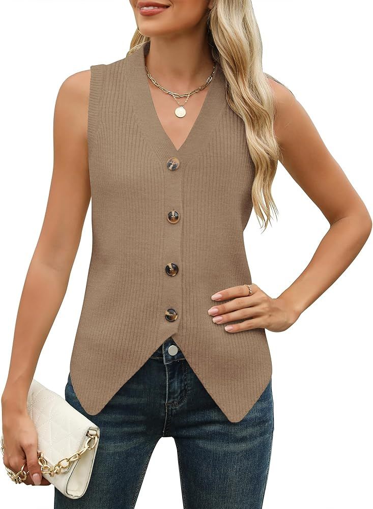 Rapbin Womens Sweater Vest Ribbed Tank Sleeveless Button Down Shirts V Neck Tops 2024 Fashion Tre... | Amazon (US)