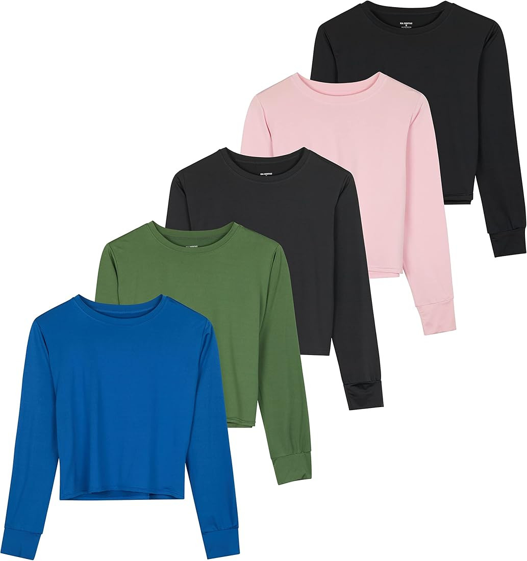 Real Essentials 5 Pack: Women's Dry Fit Crop Top - Long Sleeve Crew Neck Stretch Athletic Tee (Av... | Amazon (US)