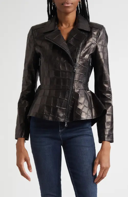 L'AGENCE Lyric Peplum Biker Jacket in Black at Nordstrom, Size X-Large | Nordstrom
