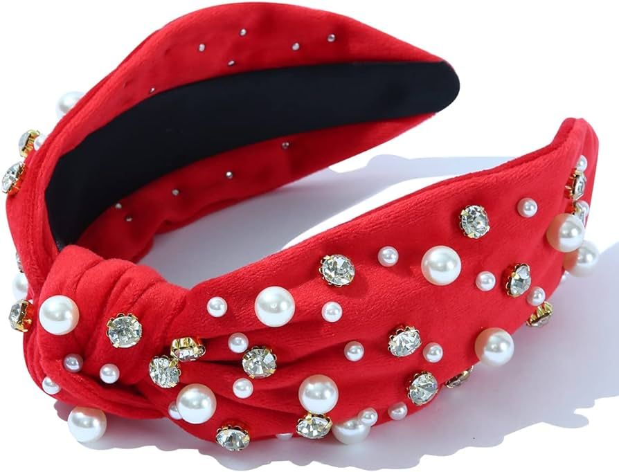 FEDANS Pearly Crystal Knotted Women Red Headband Luxury Jeweled Embellished Top Hairband Fashion ... | Amazon (US)