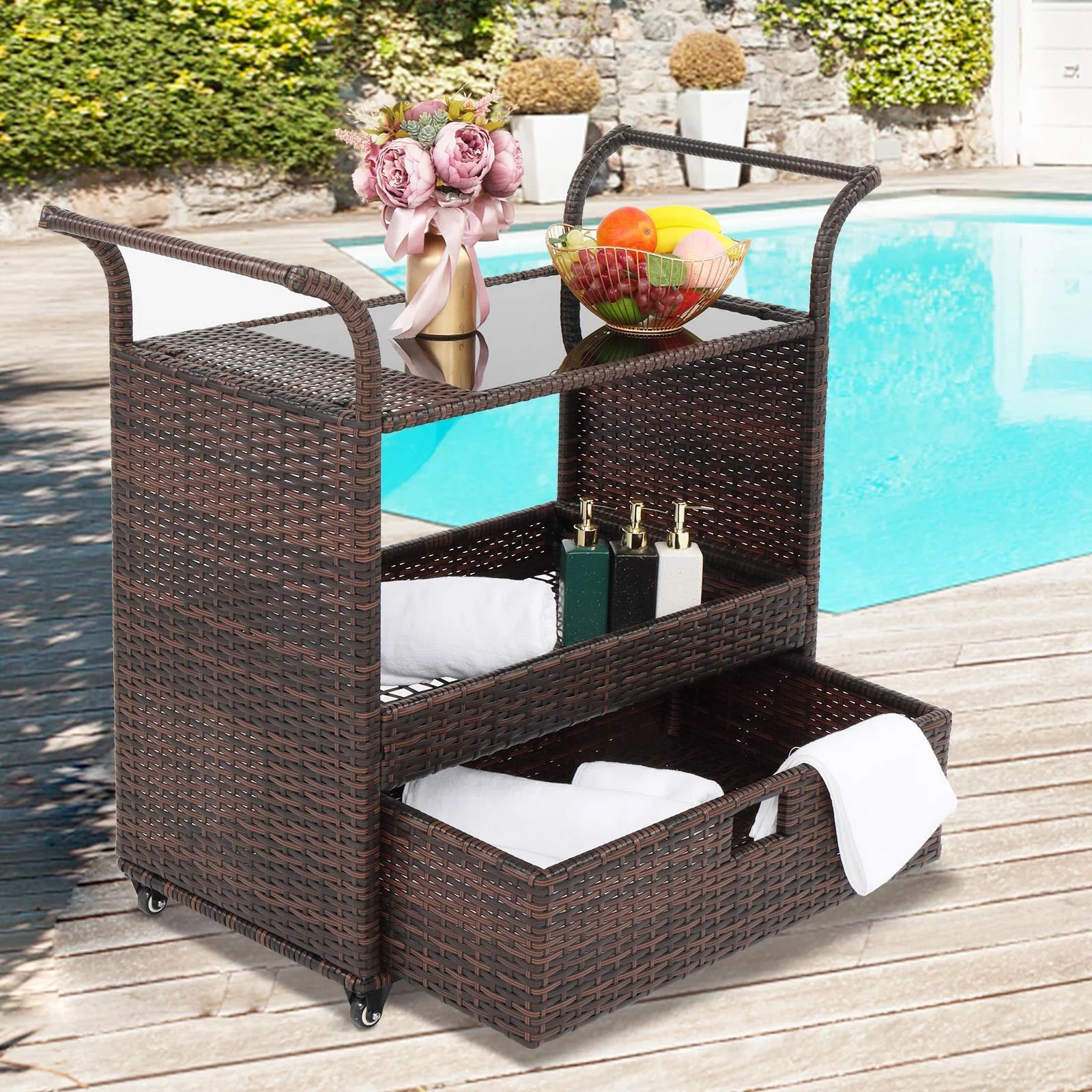 UBesGoo Outdoor Patio Rattan Serving Bar Cart w/ Glass Table with Drawer for More Storage Space, ... | Walmart (US)