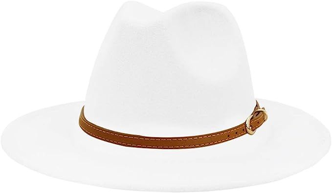 Lisianthus Womens White Wide Brim Fedora Jazz Cap Panama Hat with Belt Buckle Decor | Amazon (US)