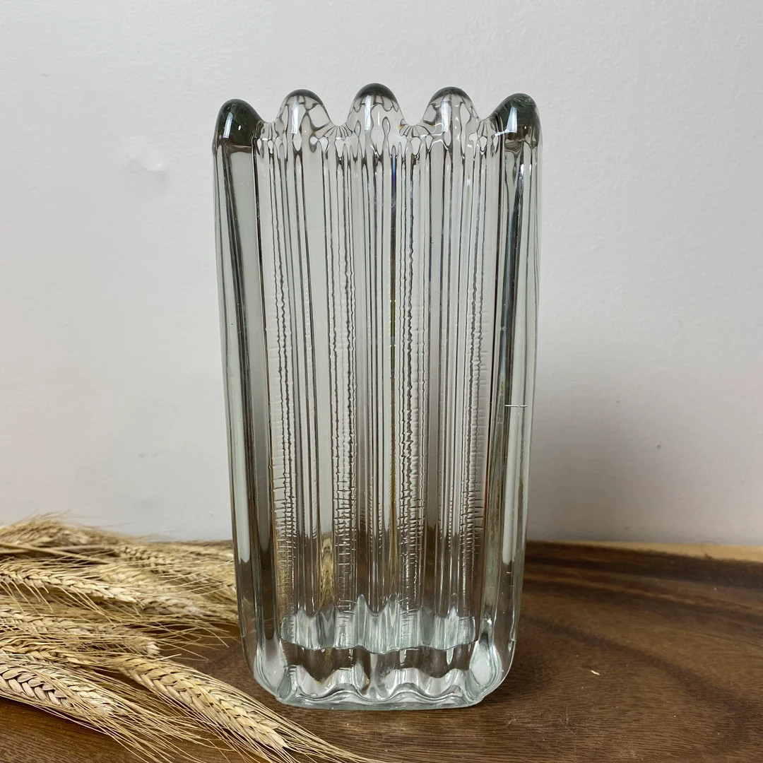 František Vizner Rudolfova Hut Clear Pressed Glass Vase 60’s, Mid Century Art Glass Vase, Czec... | Etsy (US)