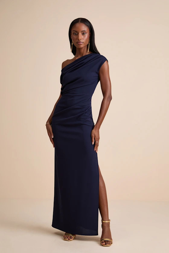 Janine Navy Asymmetrical Maxi Dress | Lulus