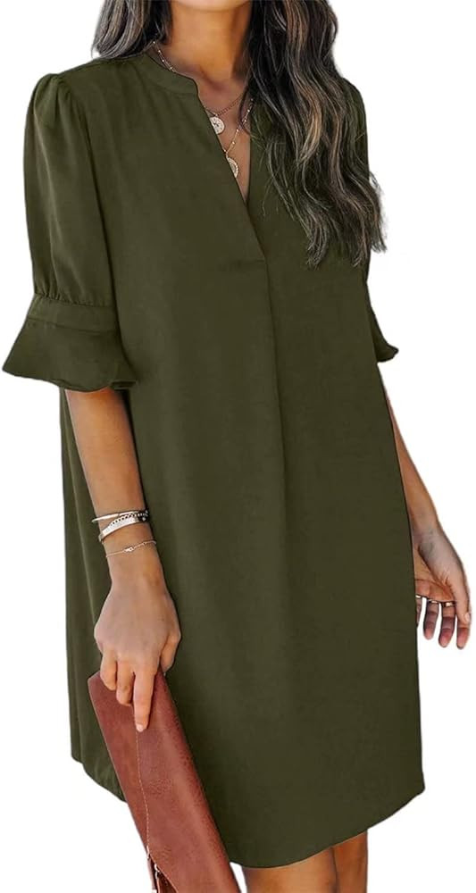 Wkior Shift Dress for Women V Neck Short Sleeves Solid Color Flowy Casual Summer Dresses(S-2XL) | Amazon (US)