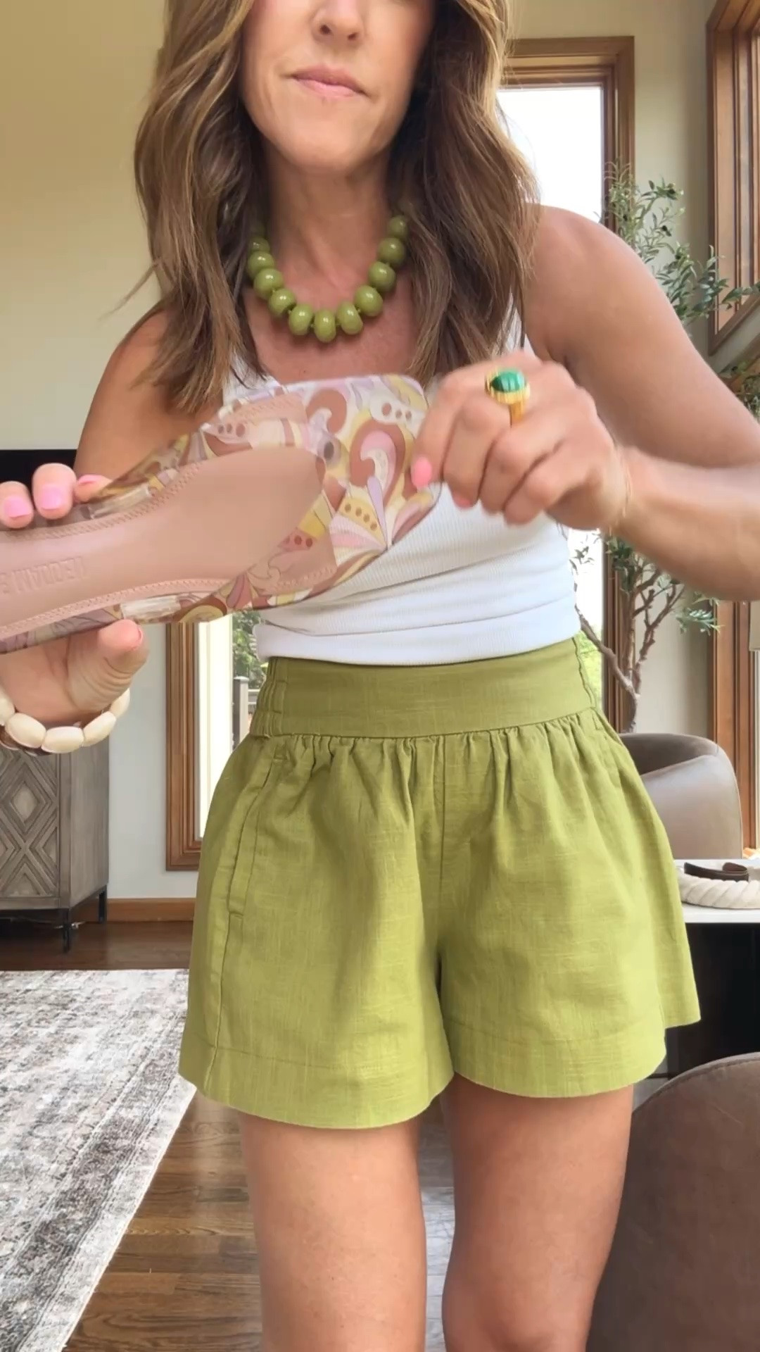 Why not add a fun sandal. 
Jelly flip flop in a pretty print. 
XS tank
XS shorts

#LTKootd #LTKOver40