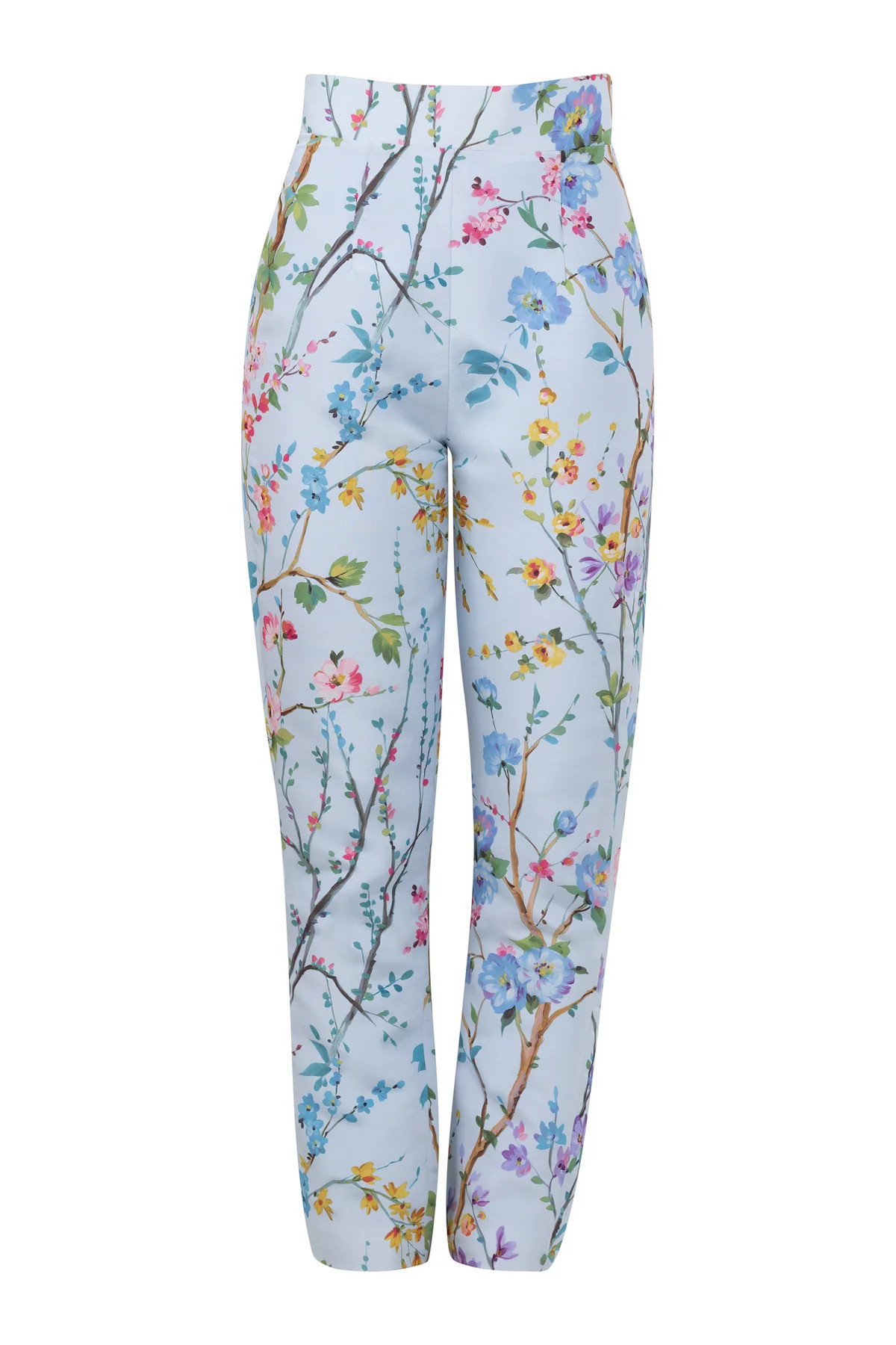 Garden Reverie Silk Faille Cigarette Pants in Light Blue Floral | Over The Moon