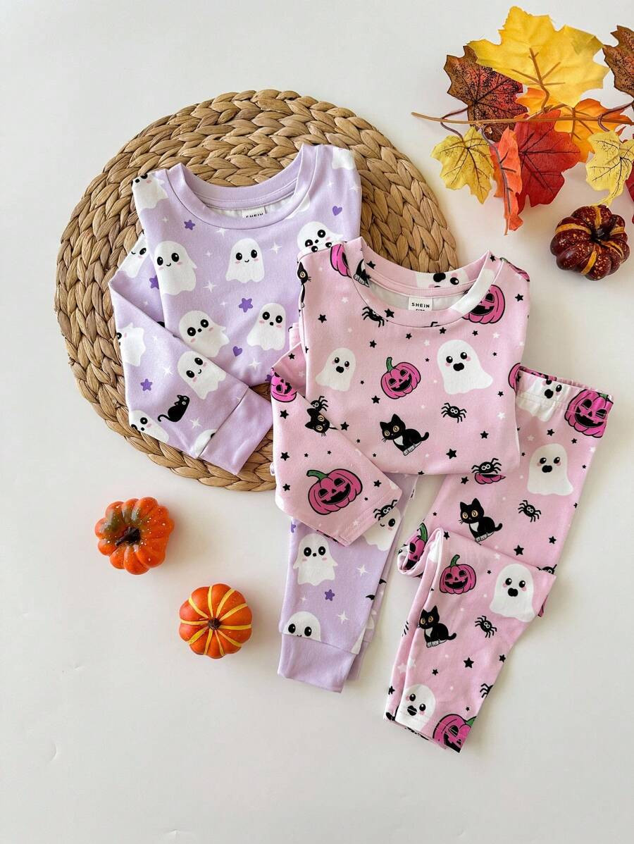 SHEIN Baby Girl Cute Halloween Cartoon Pattern Knit Long Sleeve T-Shirt & Pants 2pcs Set, Casual ... | SHEIN