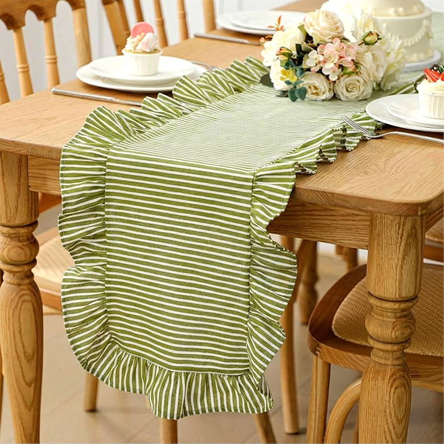 Green Stripe Ruffled Table Runner 72 Inches Long Scalloped Table Runner Rustic Cotton Tabletop Fa... | Amazon (US)