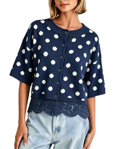Zhiyouni Women's Button Down Cardigan Sweater Polka Dot Tops(Navy-M) | Amazon (US)