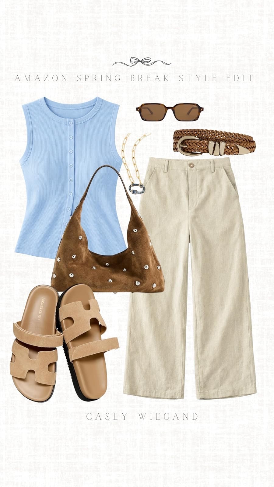 Chic spring break outfit with a blue vest, linen pants, and leather sandals. Perfect for a stylish getaway. #SpringStyle

#LTKSpringSale #LTKgrwm #LTKootd
