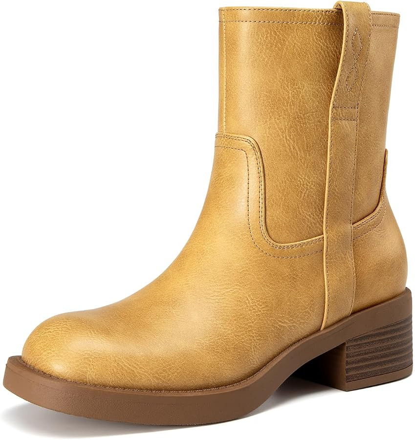 Athlefit Chunky Low Heel Ankle Boots for Women Square Toe Fashion Short Booties with Side Zipper | Amazon (US)