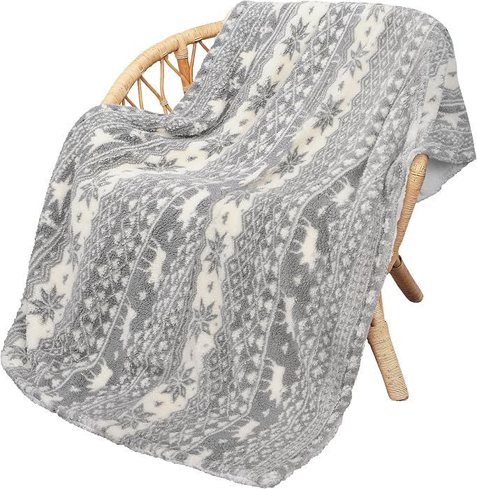 Grey Sherpa Throw Blanket, Super Soft Warm Fuzzy Comfy Snowflake Blankets, Reversible Fluffy Thro... | Amazon (US)