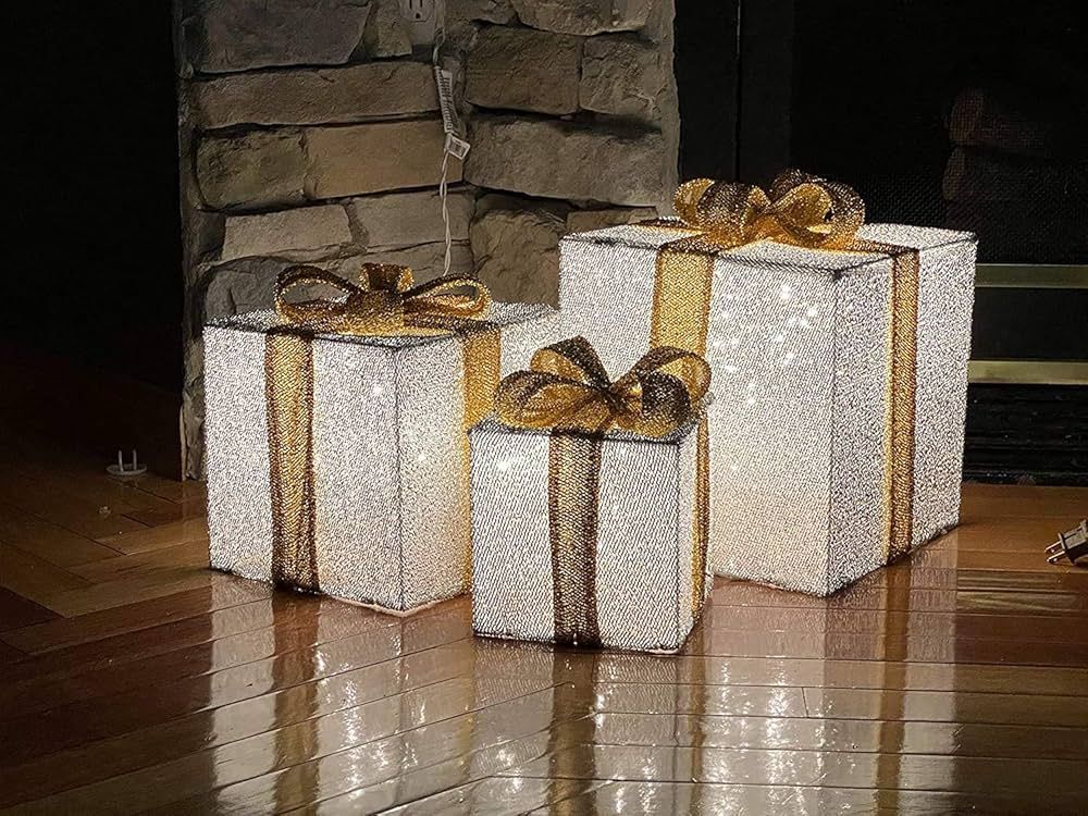 3pc Lighted Tinsel Boxes Presents Outdoor Christmas Decor | Amazon (US)